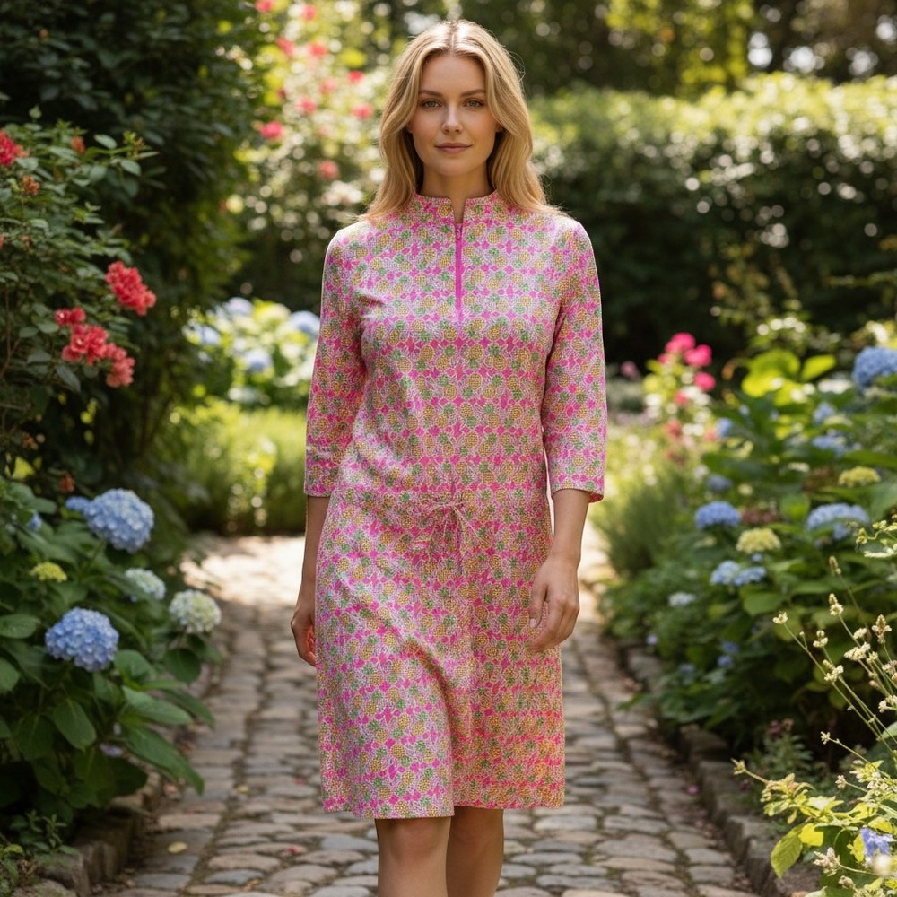 IBKUL Womens Pink Pineapple Print UPF 50+ Quarter Zip Golf Sporty Dress Small